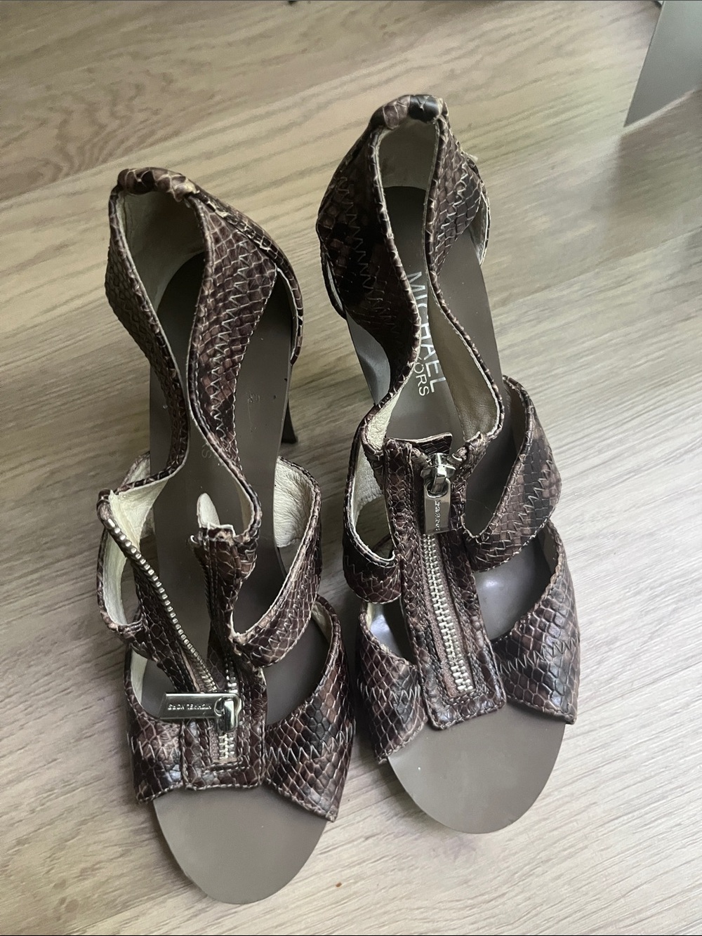 Michael Kors Brown Snake-Embossed Leather Zip Front High Heels